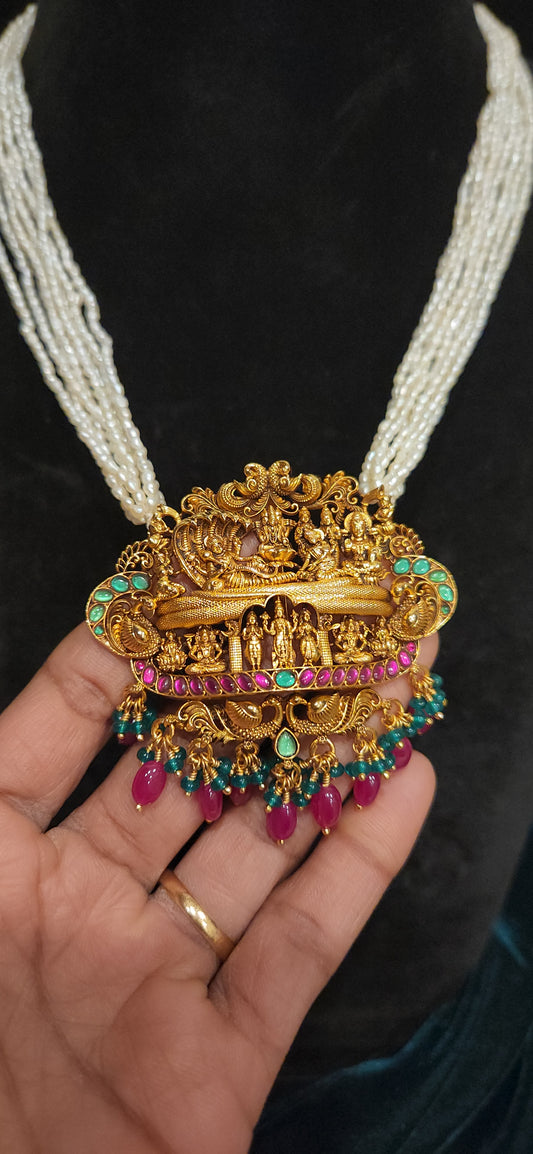 92.5 Silver Dasavatar Temple Pearl Necklace Set