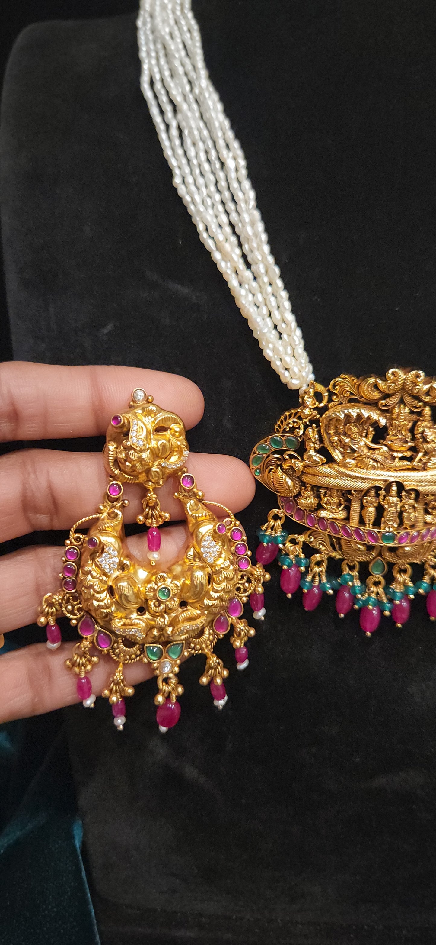 92.5 Silver Dasavatar Temple Pearl Necklace Set