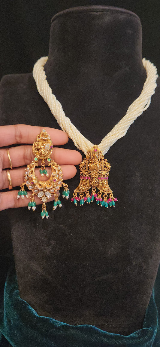 92.5 Silver Tiger Nail Lakshmi Pendant Pearl Necklace with Matching Earrings