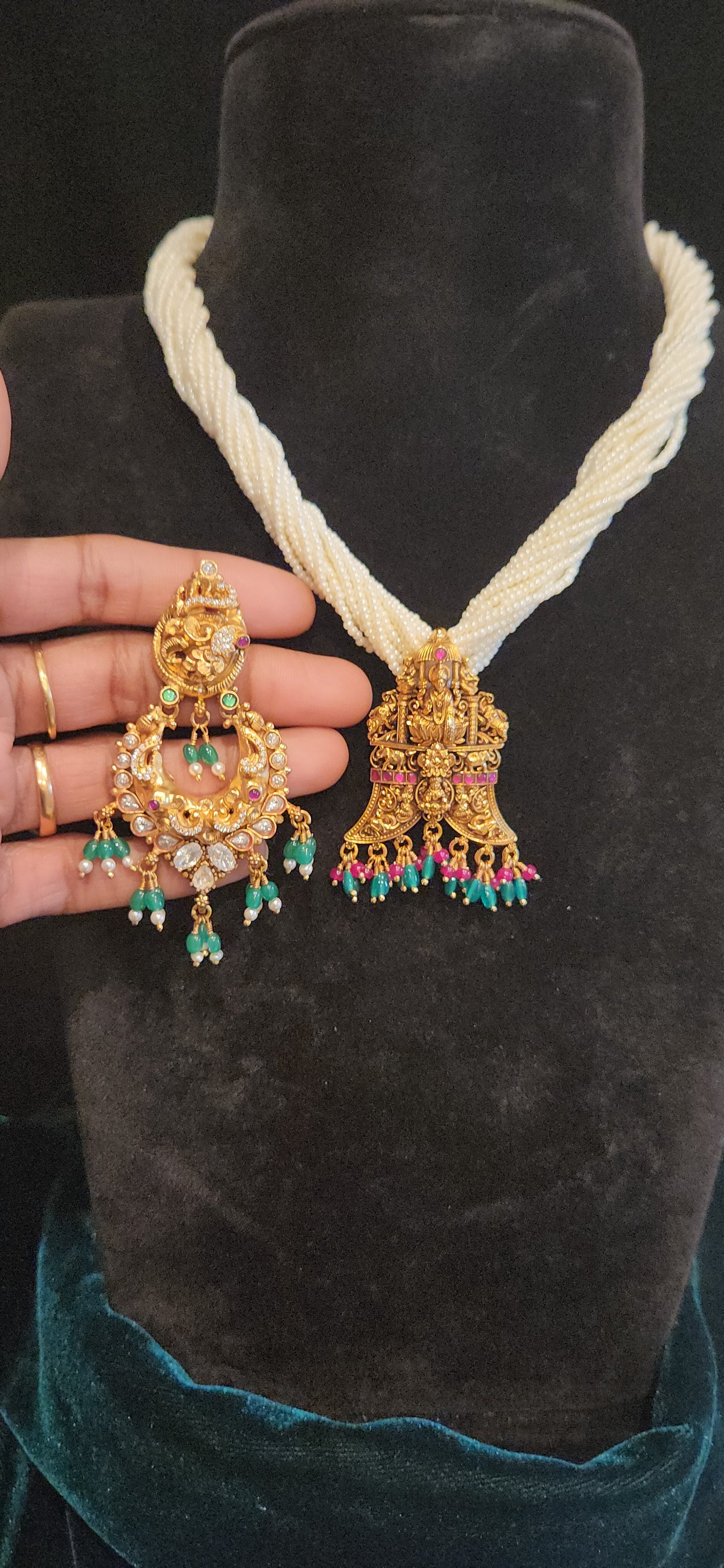 92.5 Silver Tiger Nail Lakshmi Pendant Pearl Necklace with Matching Earrings