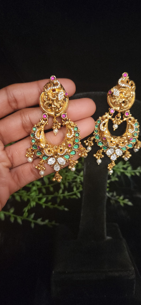 92.5 Silver Nakshi Peacock Chandbali Earrings with Emerald Accents