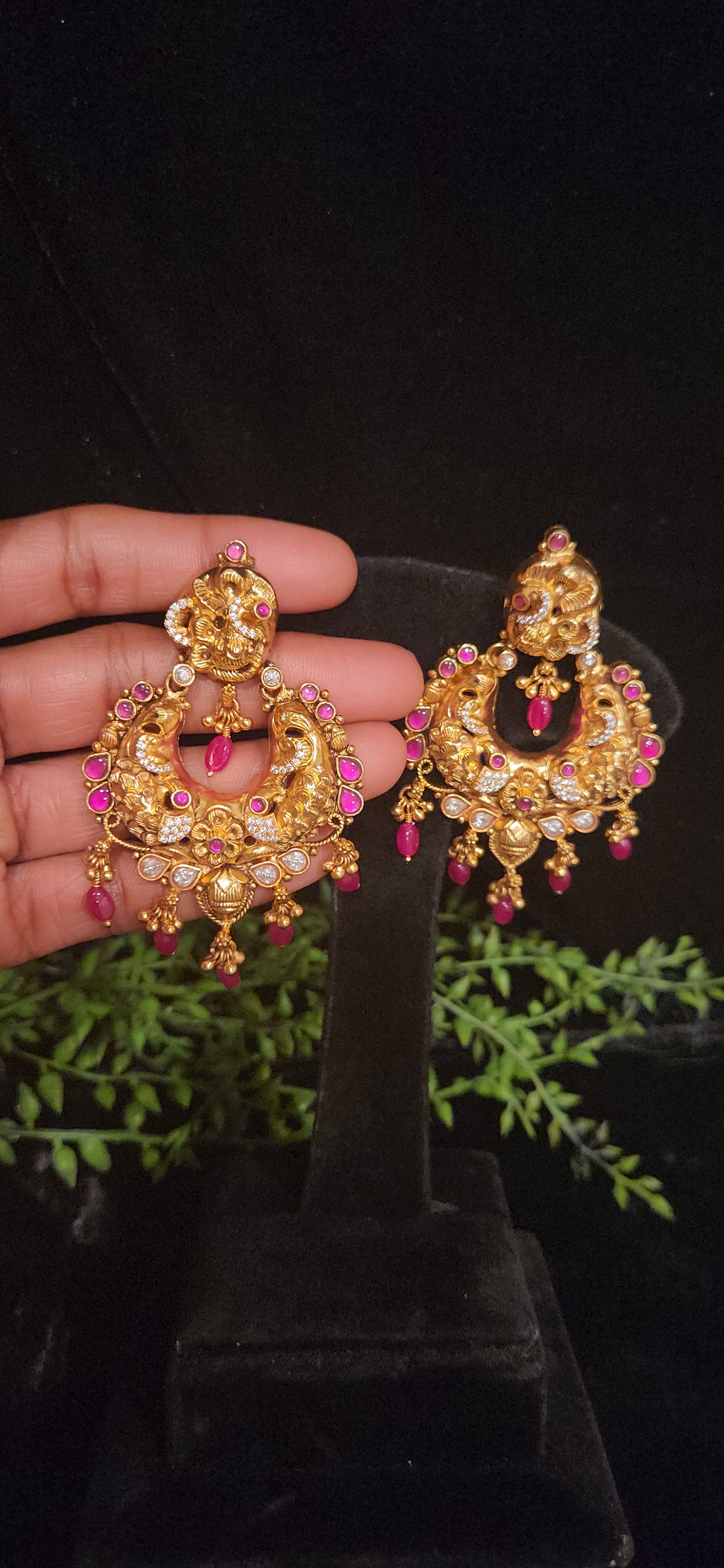 92.5 Silver nakshi Peacock Chandbali Earrings with Ruby Drops