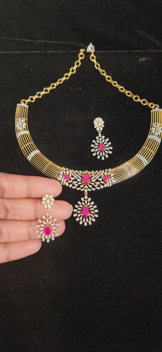 Elegant CZ Kante Necklace Set with Ruby Pink Stones