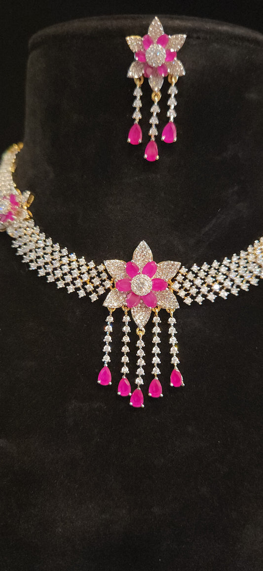 Floral CZ Necklace Set with Ruby Pink Stone Danglers