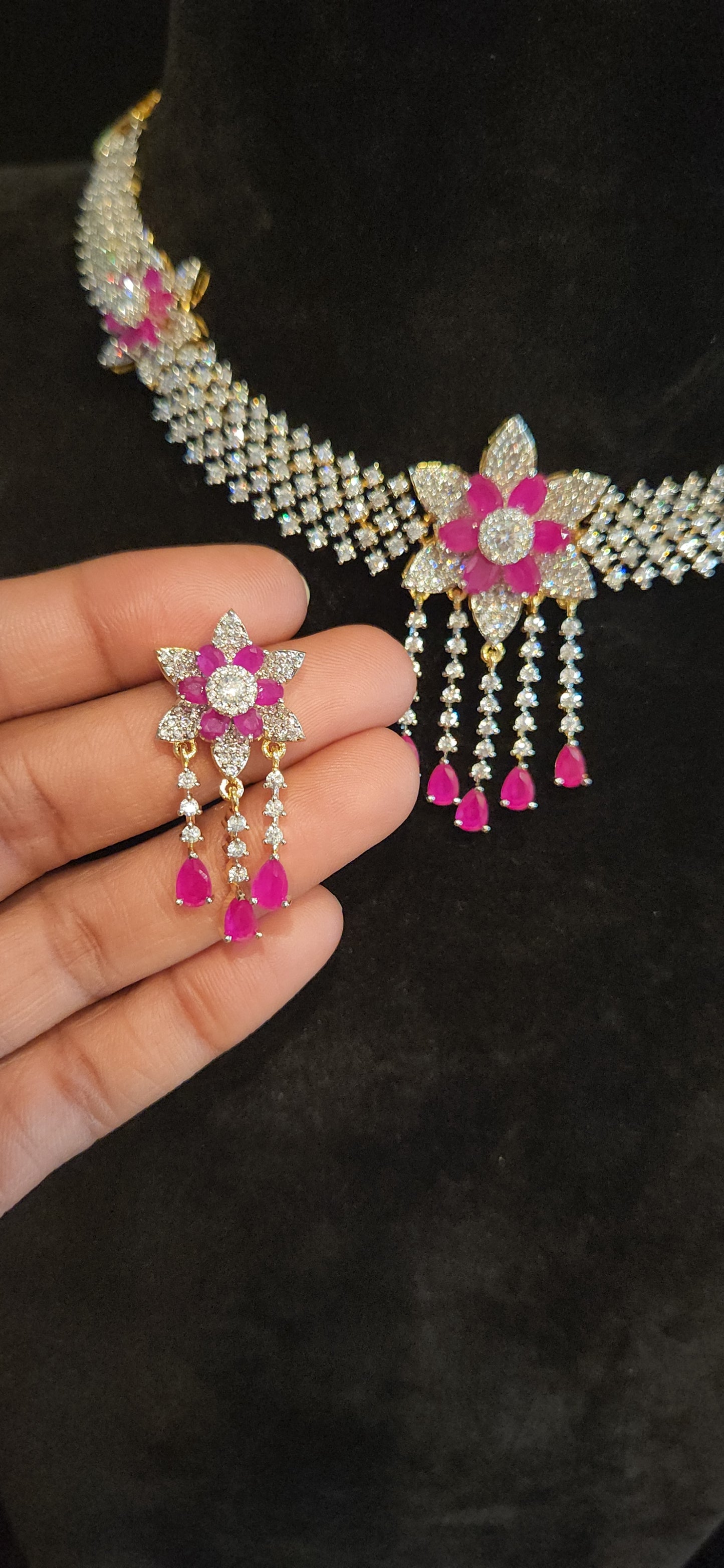 Floral CZ Necklace Set with Ruby Pink Stone Danglers