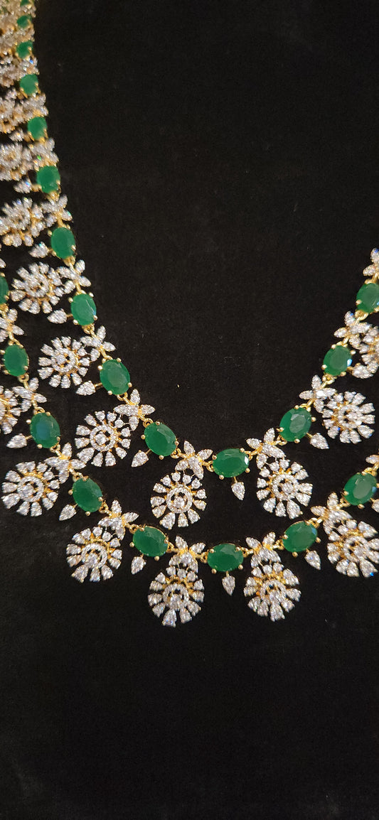 Luxury CZ Double Layer Long Haram Set with Emerald Green Stones