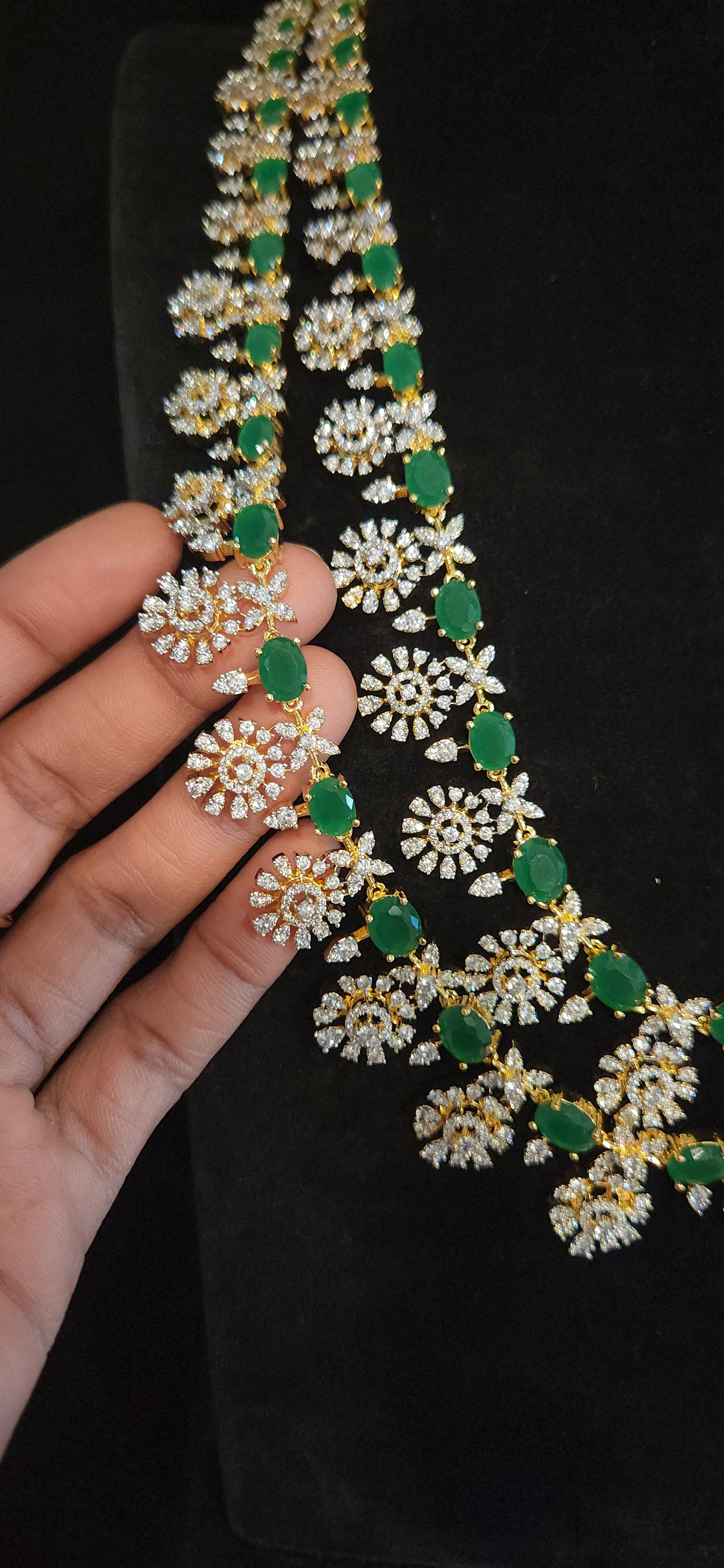 Luxury CZ Double Layer Long Haram Set with Emerald Green Stones