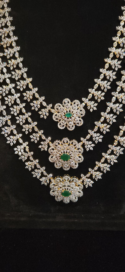Luxury CZ Triple Layer Long Haram Set with Emerald Green Stones