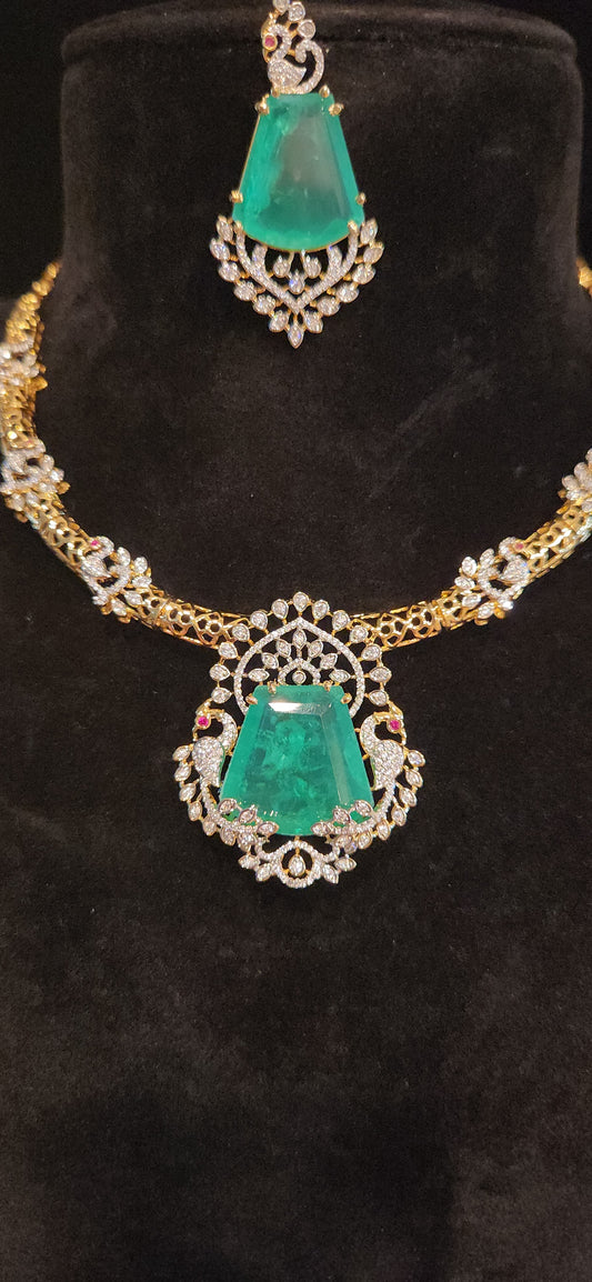 Luxury CZ Kante Necklace Set with Emerald Green Pendant & Peacock Design