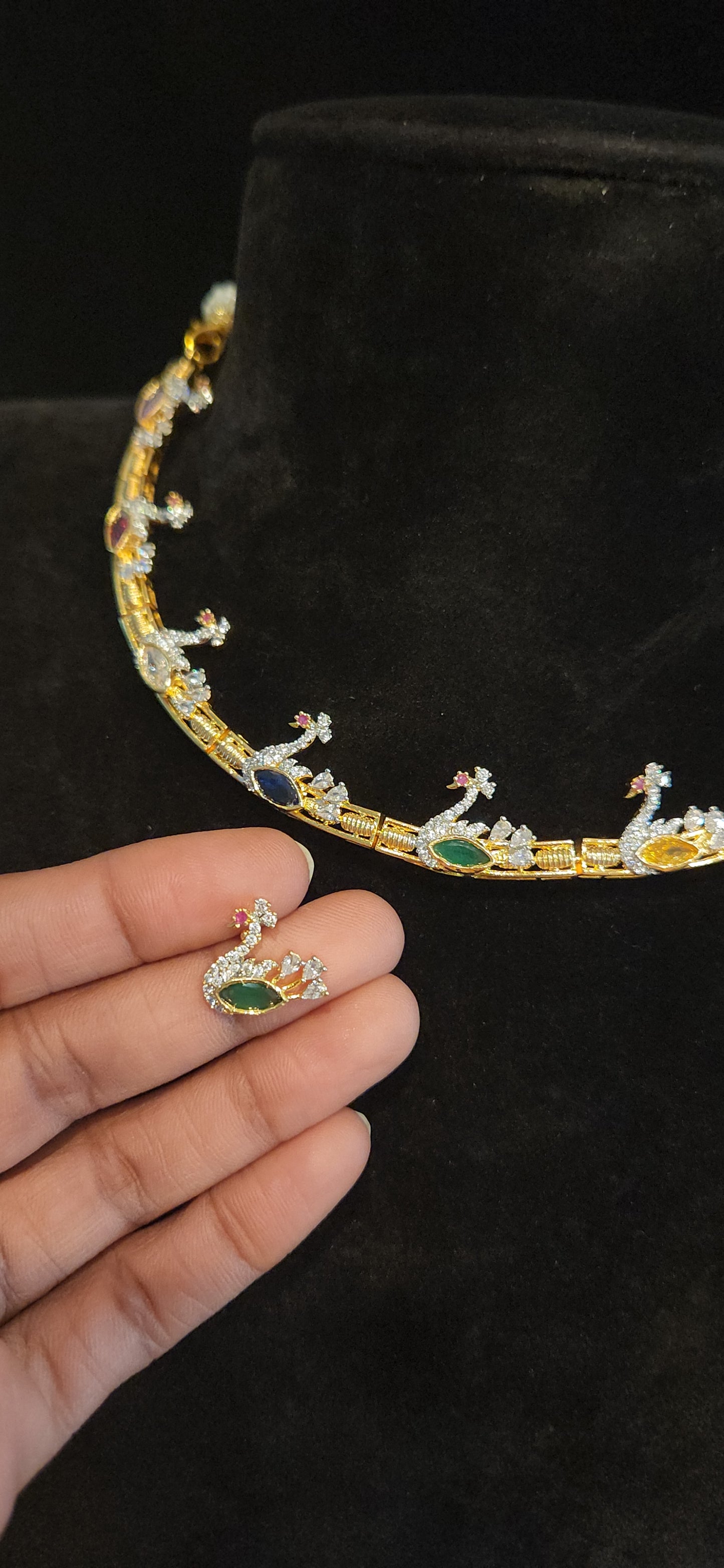 Premium CZ Peacock Hasli Necklace Set with Multicolor Stones