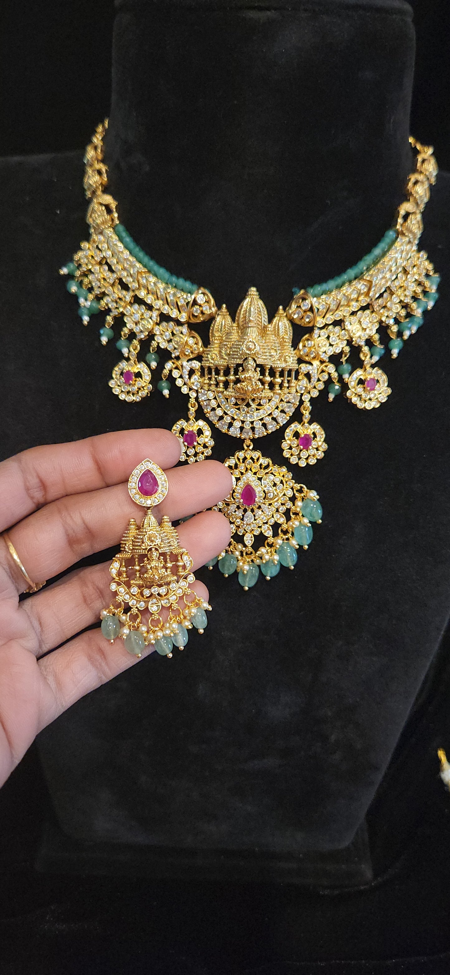 Premium Temple CZ Lakshmi Necklace Set with Emerald Green Beads