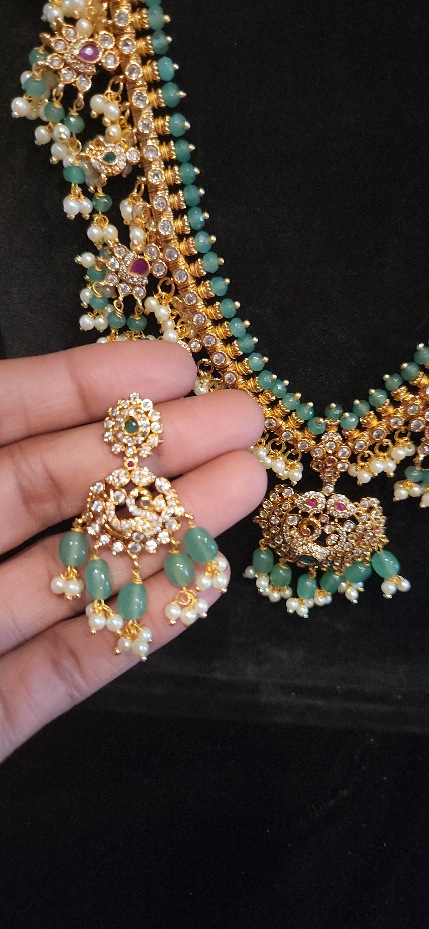 Premium Matt Finish CZ Long Guttapusalu Haram Set with Emerald Green Beads, Pearls