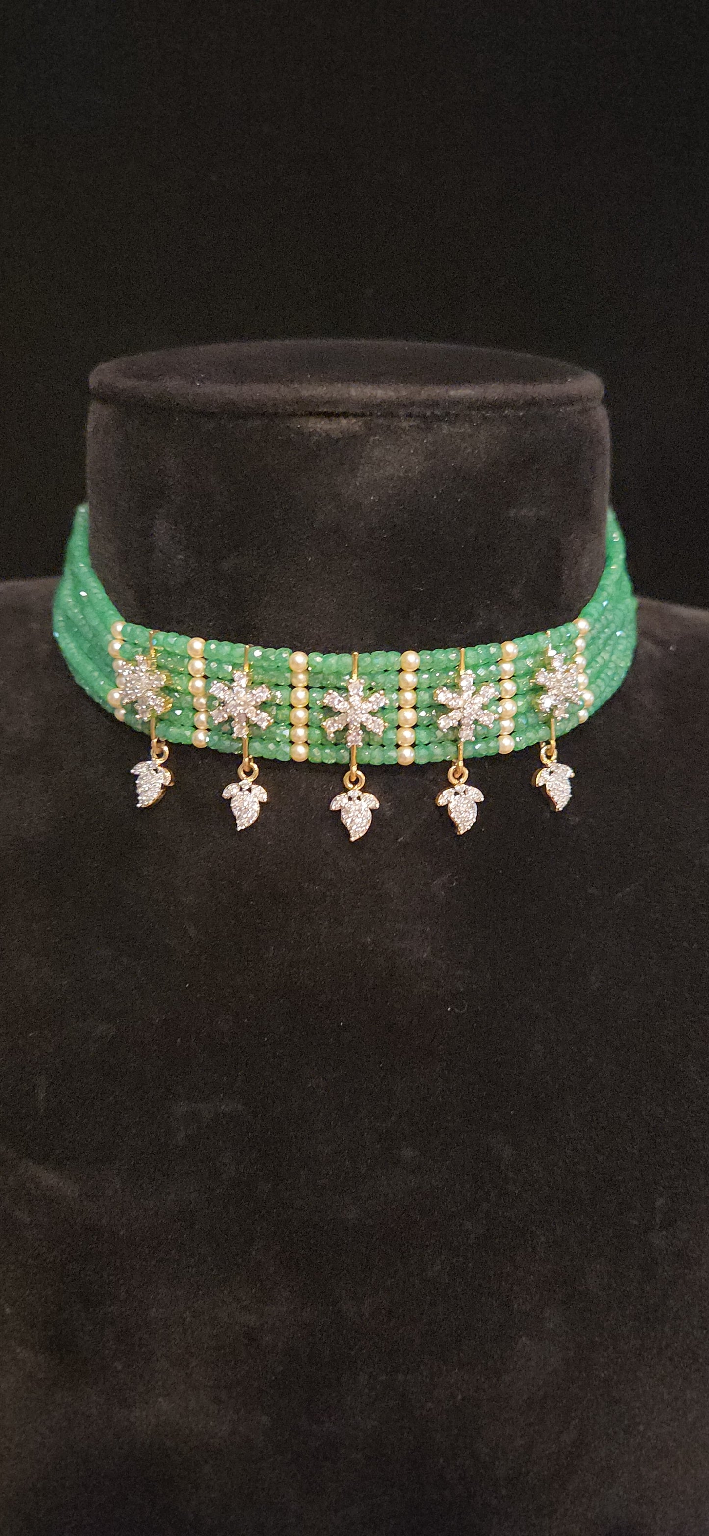 Green CZ Beaded Choker with cz Motifs
