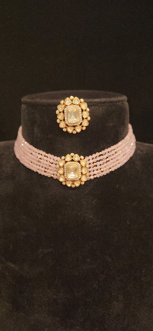 Baby Pink CZ Beaded Choker with Polki Kundan Brooch
