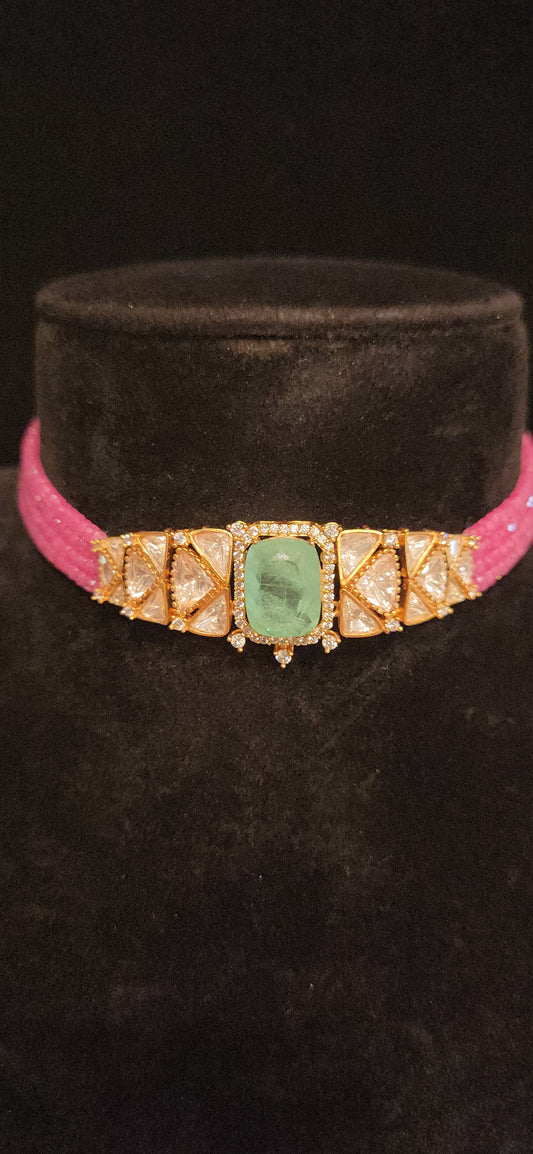 Ruby Pink CZ Beaded Polki Kundan Choker