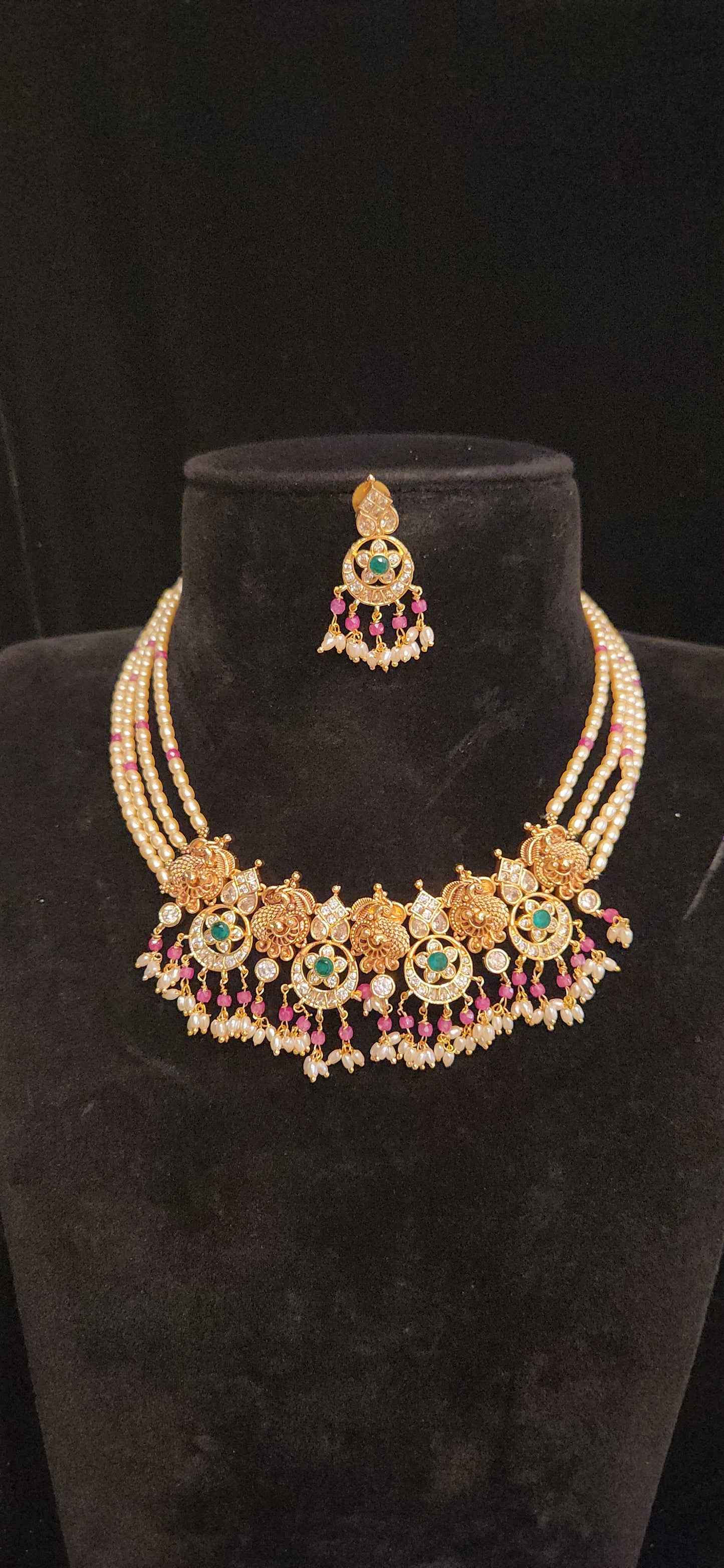 Temple Pearl Necklace Set with CZ Stones
