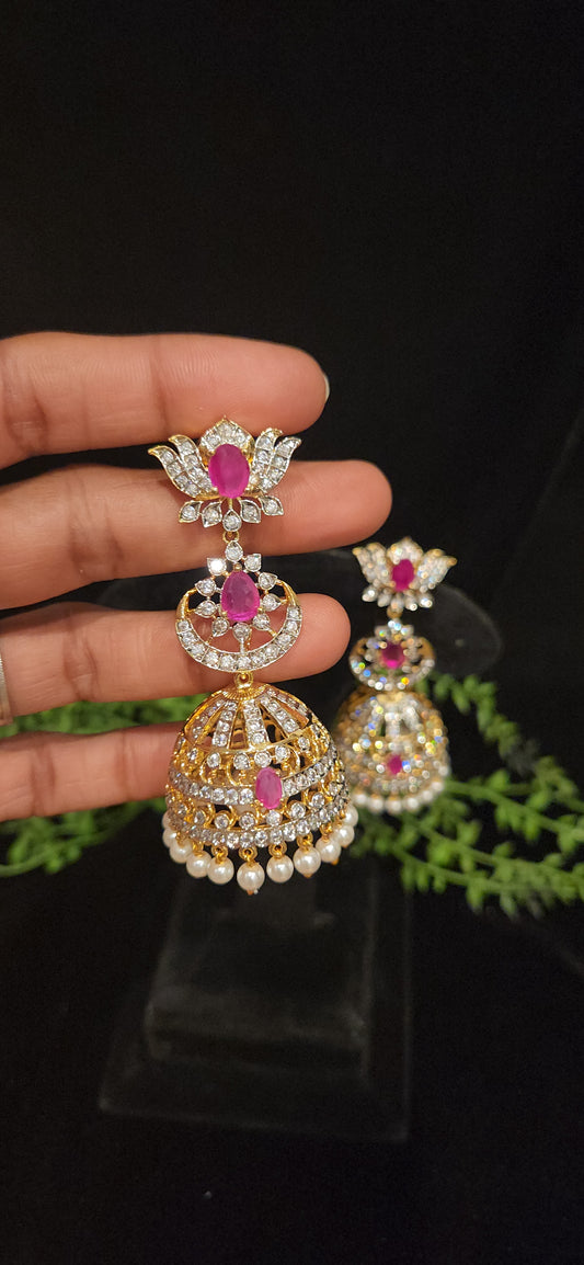 Premium Ruby Pink Stone Lotus CZ Jhumka Earrings