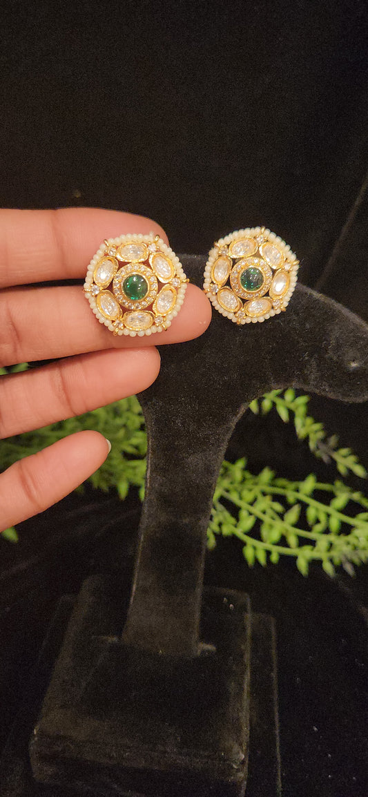 Polki Kundan Gold Finish Pearl Studs