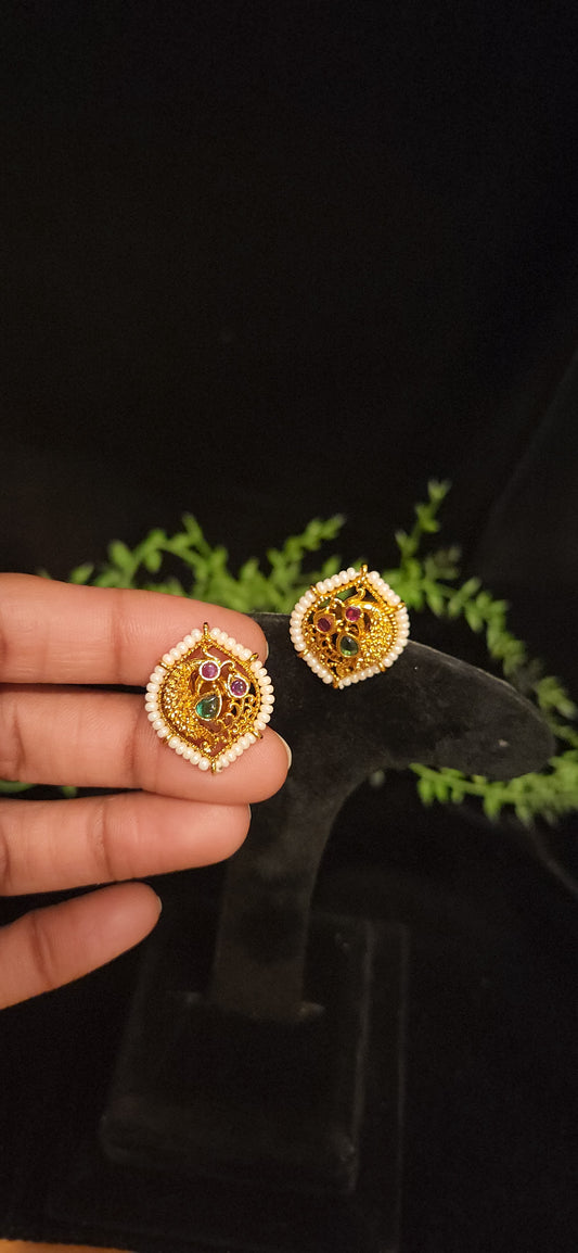 Leaf Design Peacock Pearl Studs