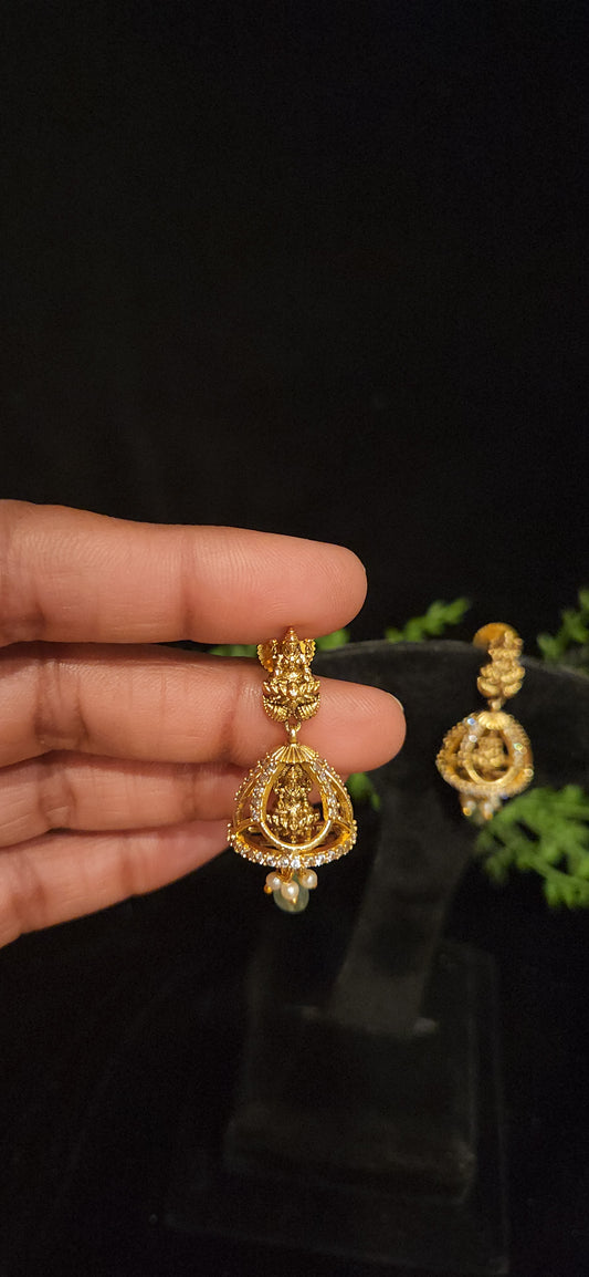 Antique Lakshmi Temple Jhumka Earrings with Pearl & Green Bead Drops