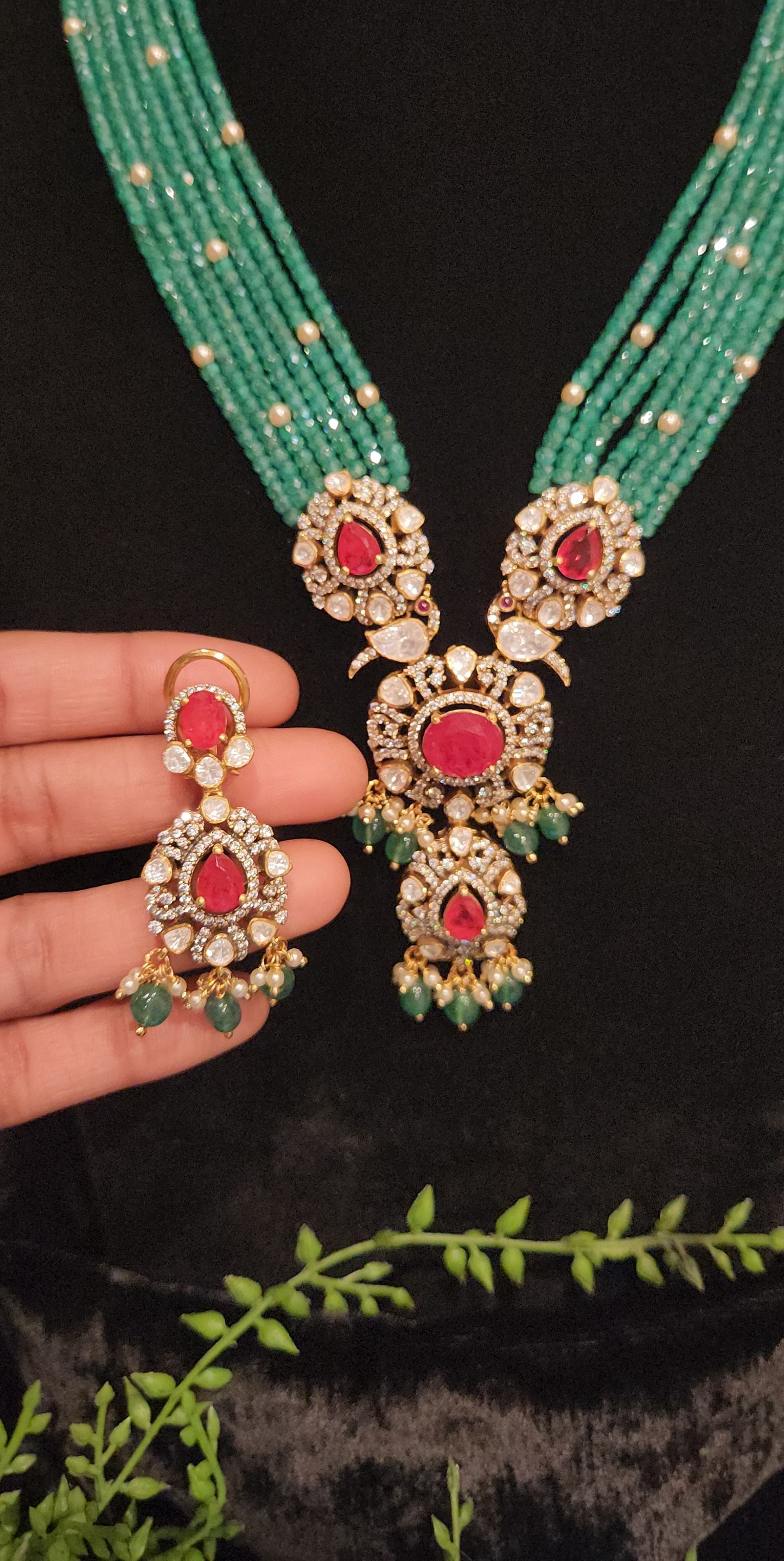 92.5 Silver Ruby Emerald Beaded Cascade Necklace Set