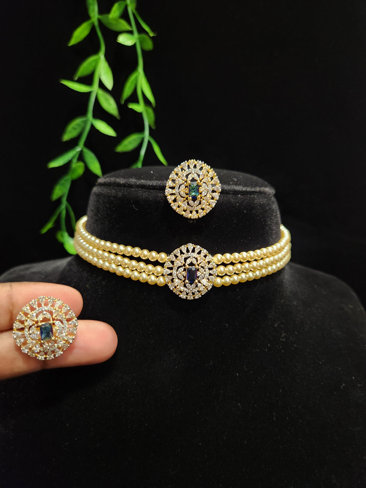 Gold Finish CZ Pearl Choker