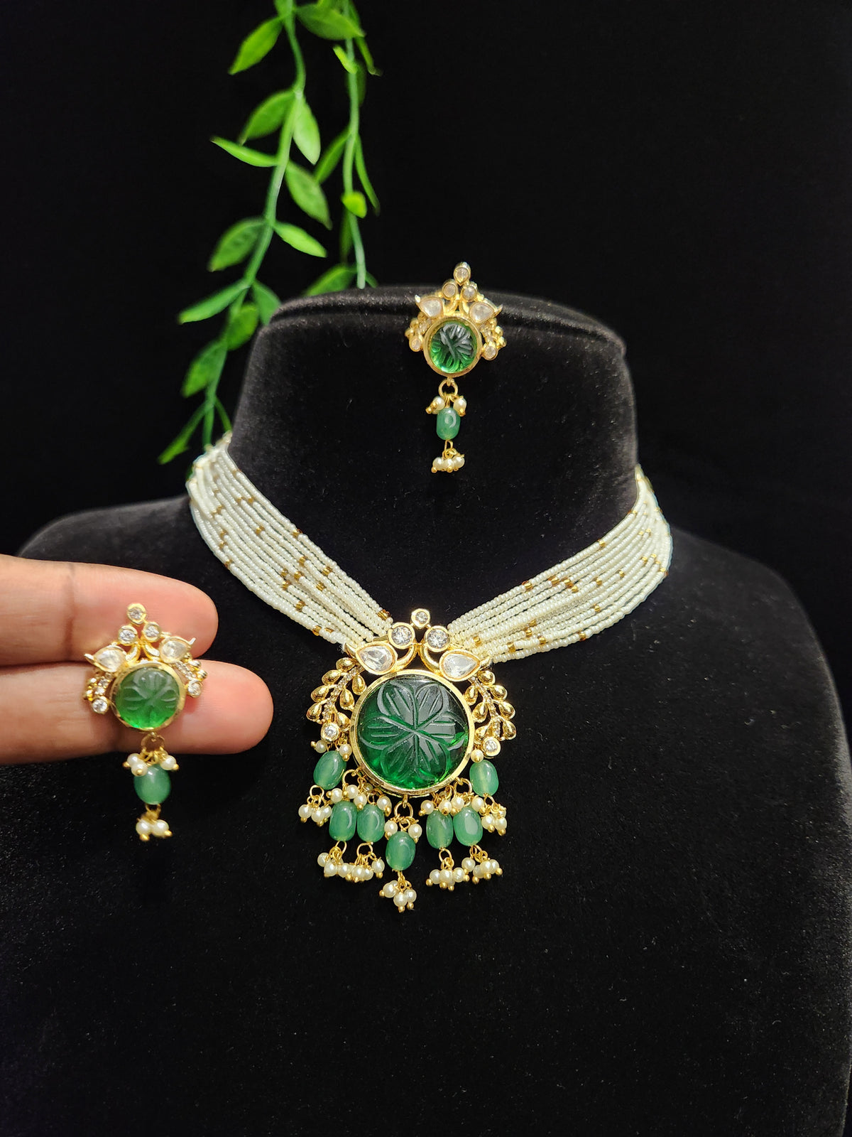 Gold Finish Carved Stone Beaded Choker Set with Matching Earrings