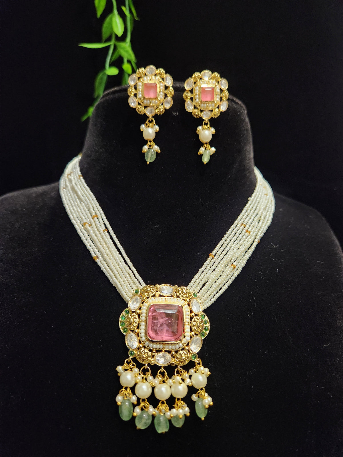 Multicolour Stones Moissanite Necklace Set with Pearl and Strawberry Drops