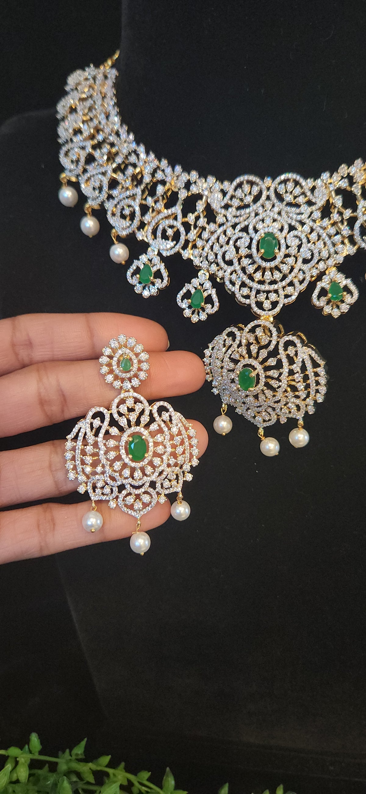 Floral CZ Bridal Necklace Set with Pearl Drops and detachable pendant