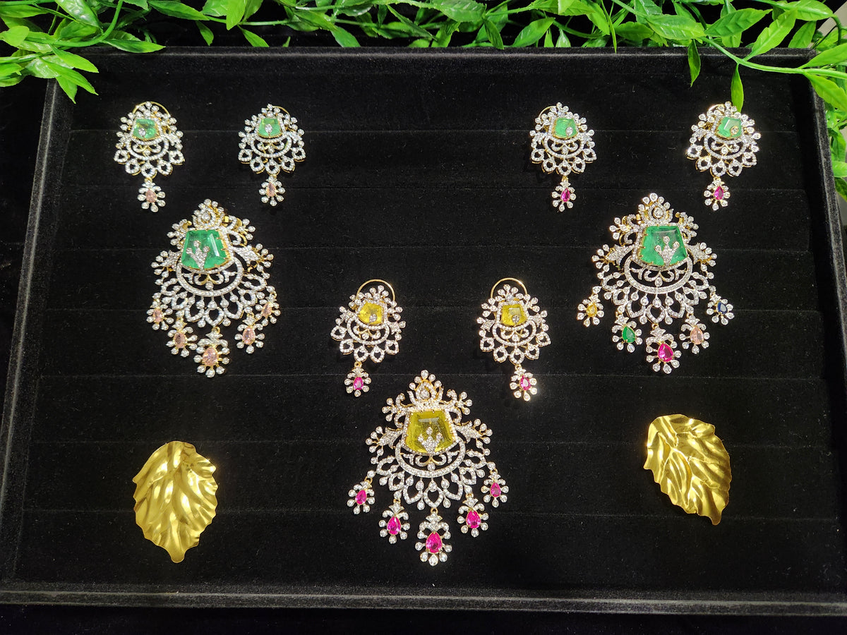 Diamond Finish Floral Pendant Set in Pastel Shades