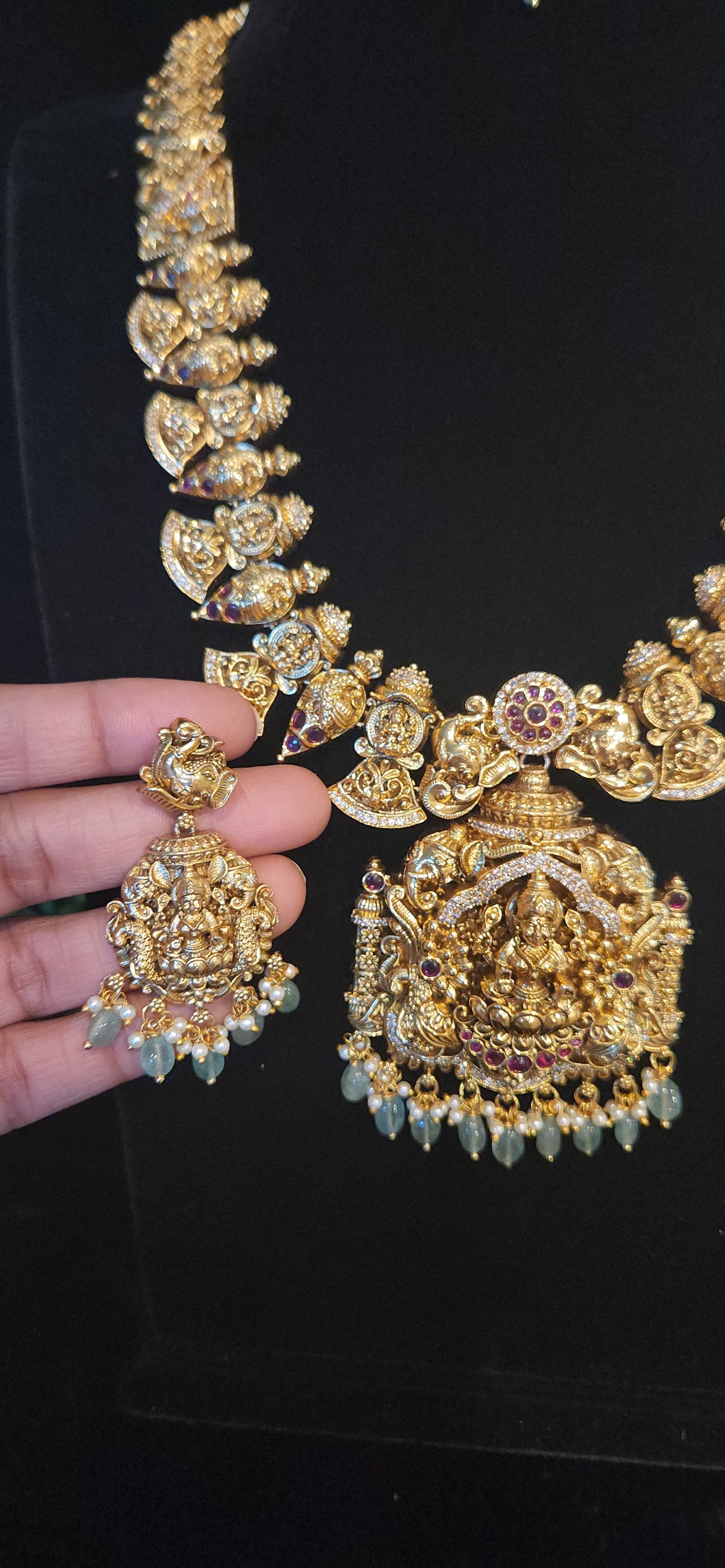 Antique Lakshmi Haram with Green Bead Hangings