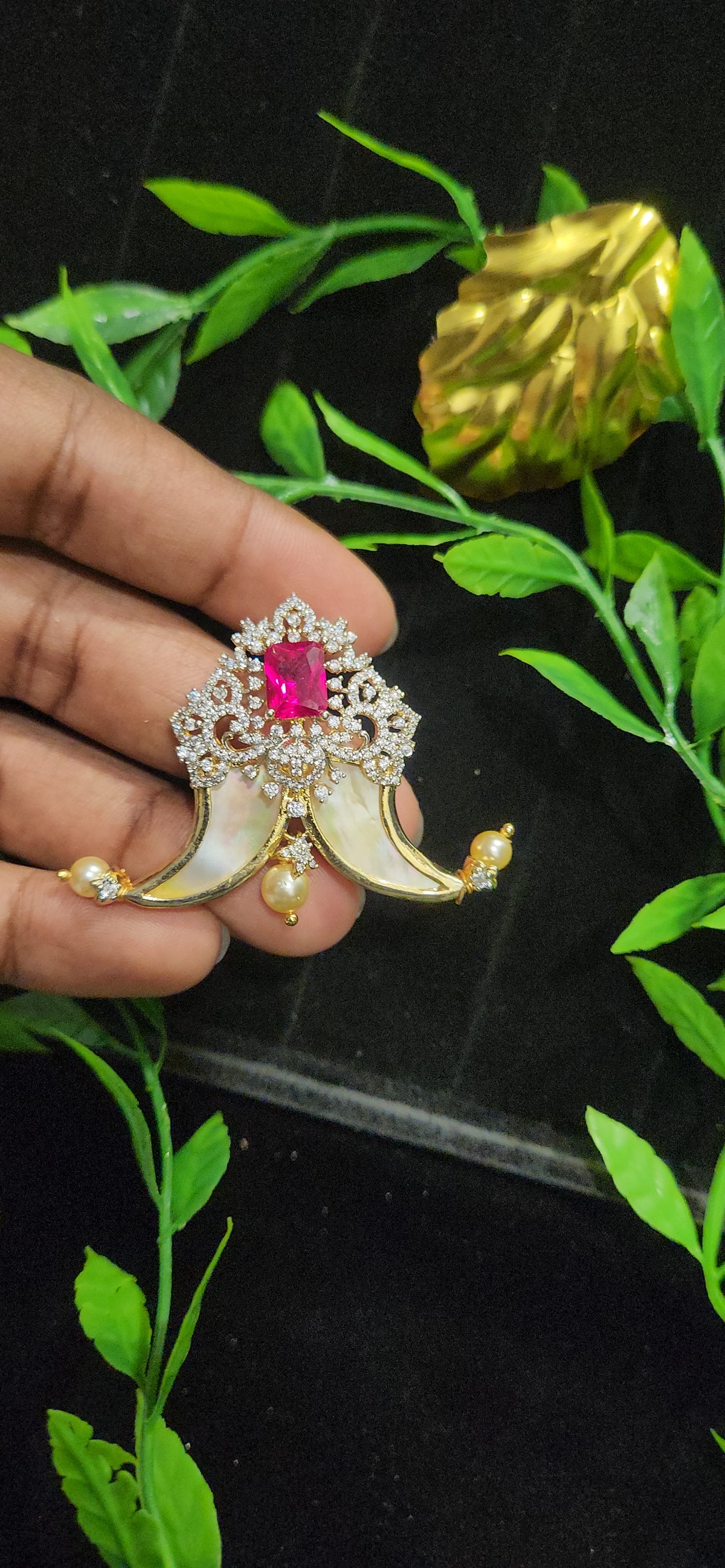 Diamond Finish CZ Tiger Nail Pendant with Pearl Drop