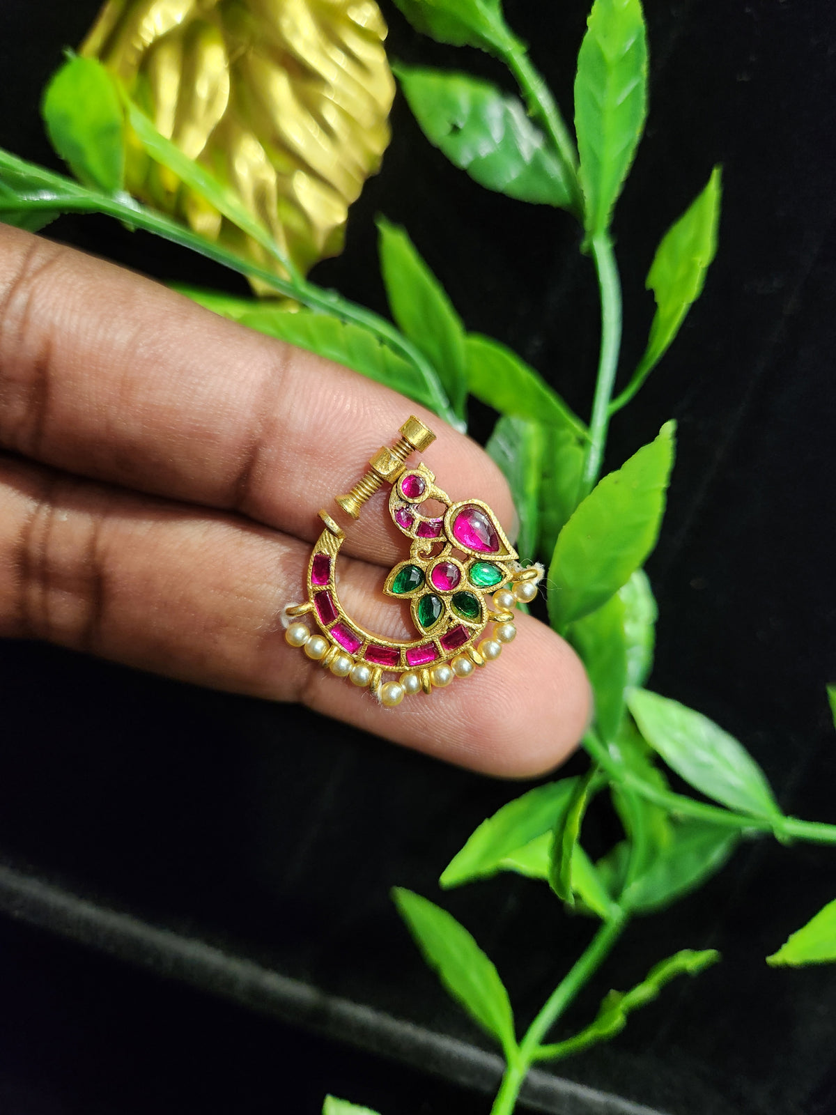 Gold Finish Jadau Kundan Peacock Floral Nose Ring