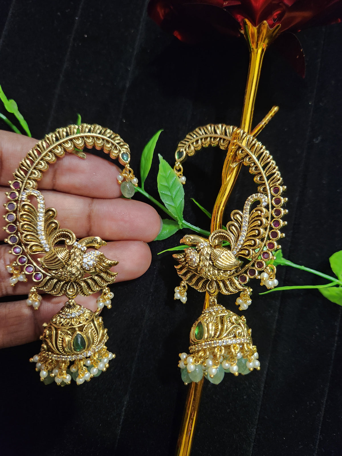 Antique Peacock Earcuff Jhumkas with Green Beads and Pearl Drops