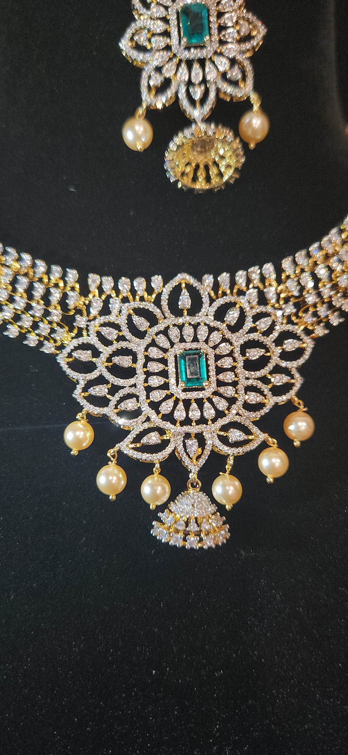 Emerald CZ Necklace Set with Pearl Drops