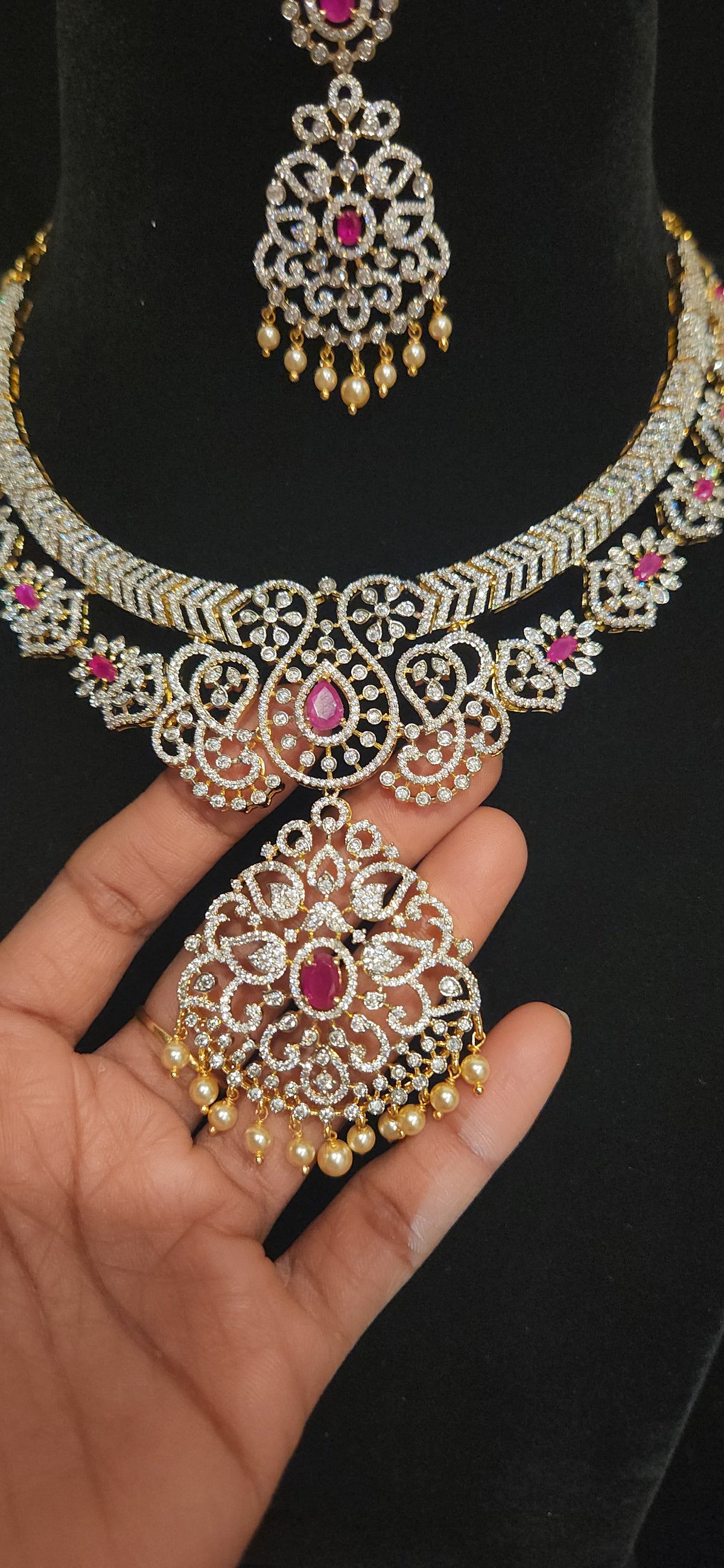 Royal Floral Ruby CZ Necklace Set with Pearl Hangings