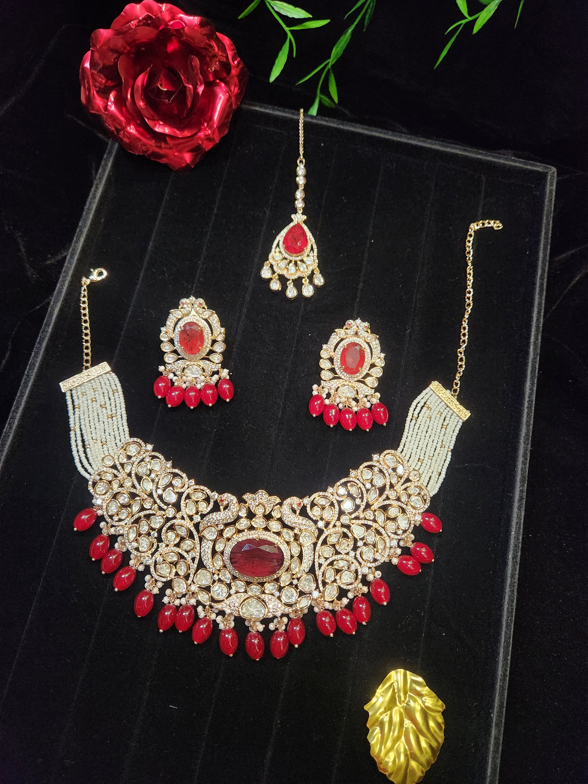 Maroon Stone Moissanite Necklace Set with Maang Tikka