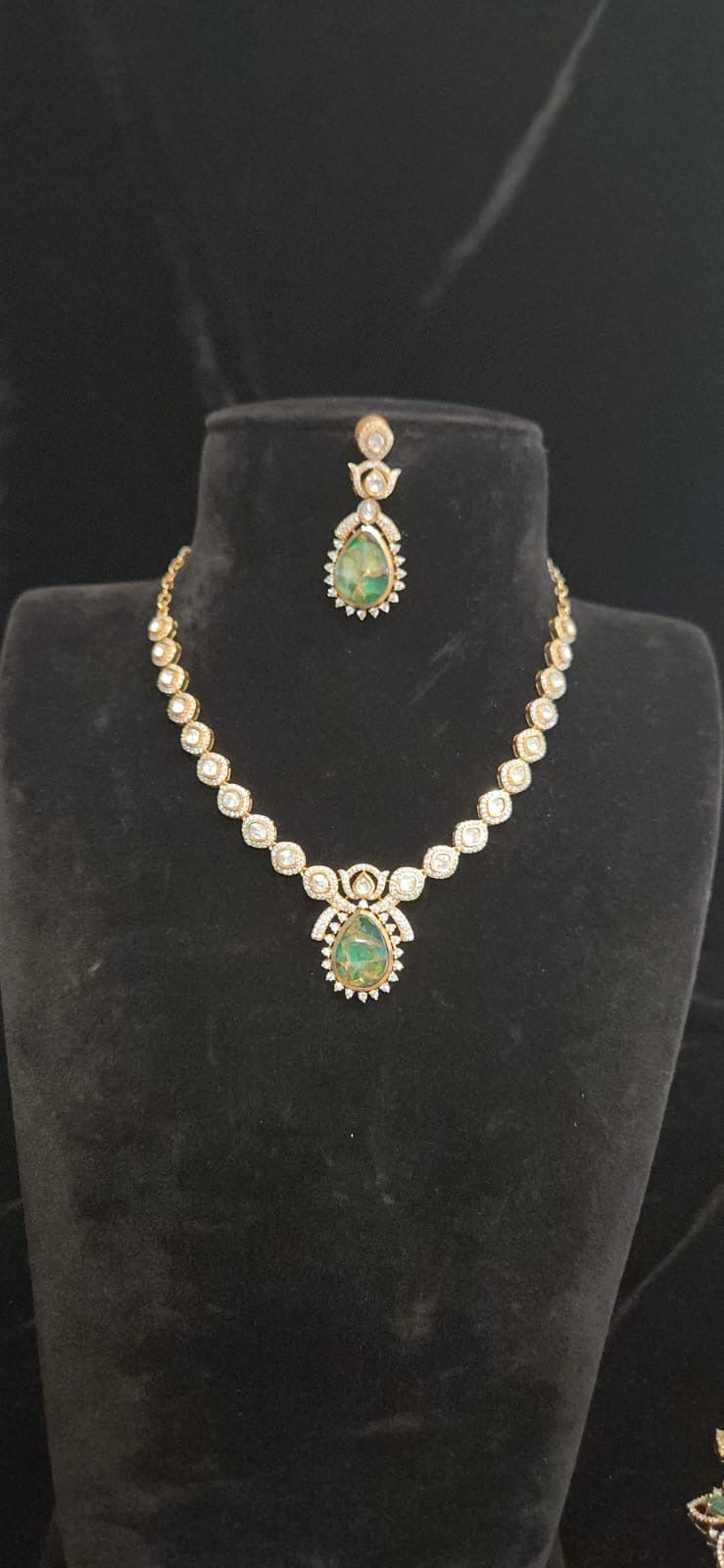 Simple Polki Kundan Designer Necklace Set with green Tear drop stone