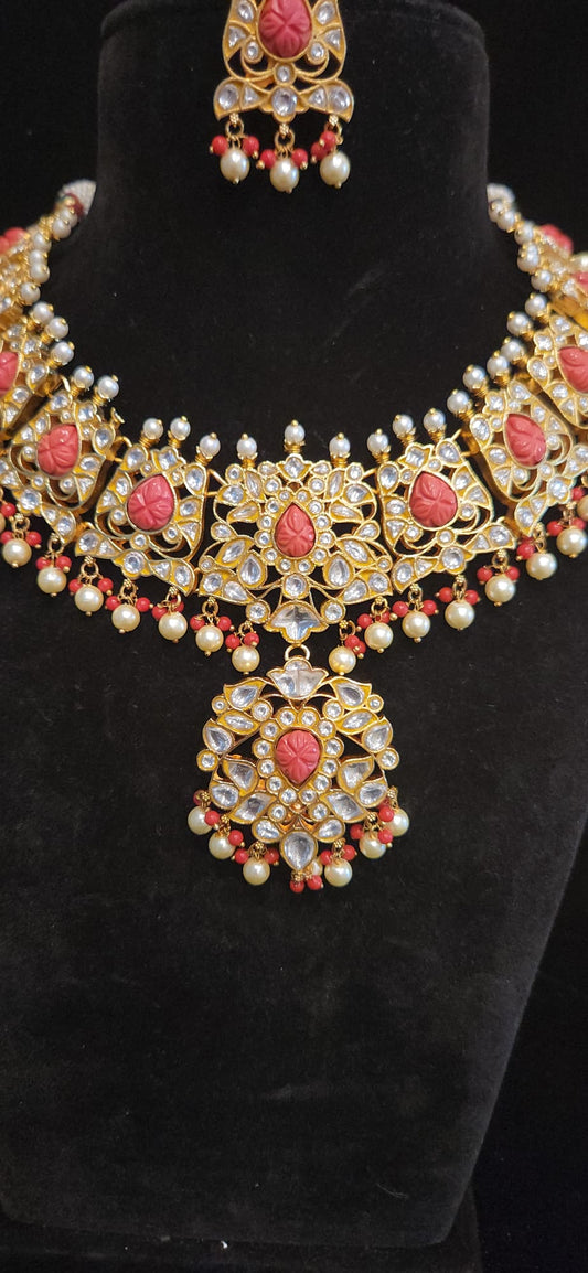 Jadau Kundan white and coral combination heavy neckset