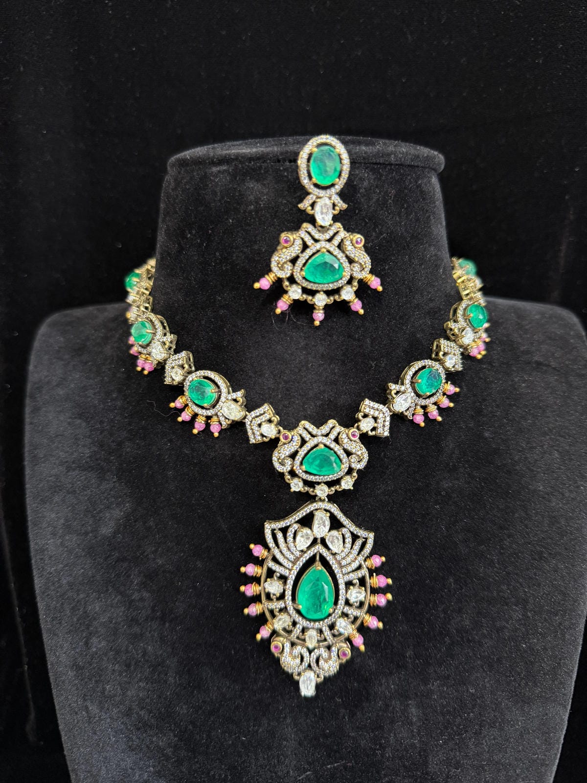 Victorian finish cz neckset with russian green stones Ruby beads