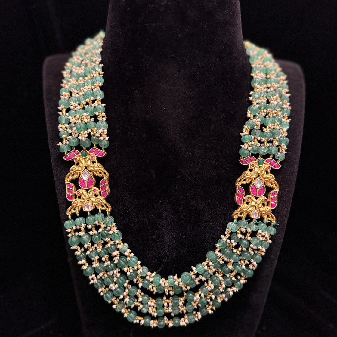 Gold Finish 5 Layer Green Beads Mala