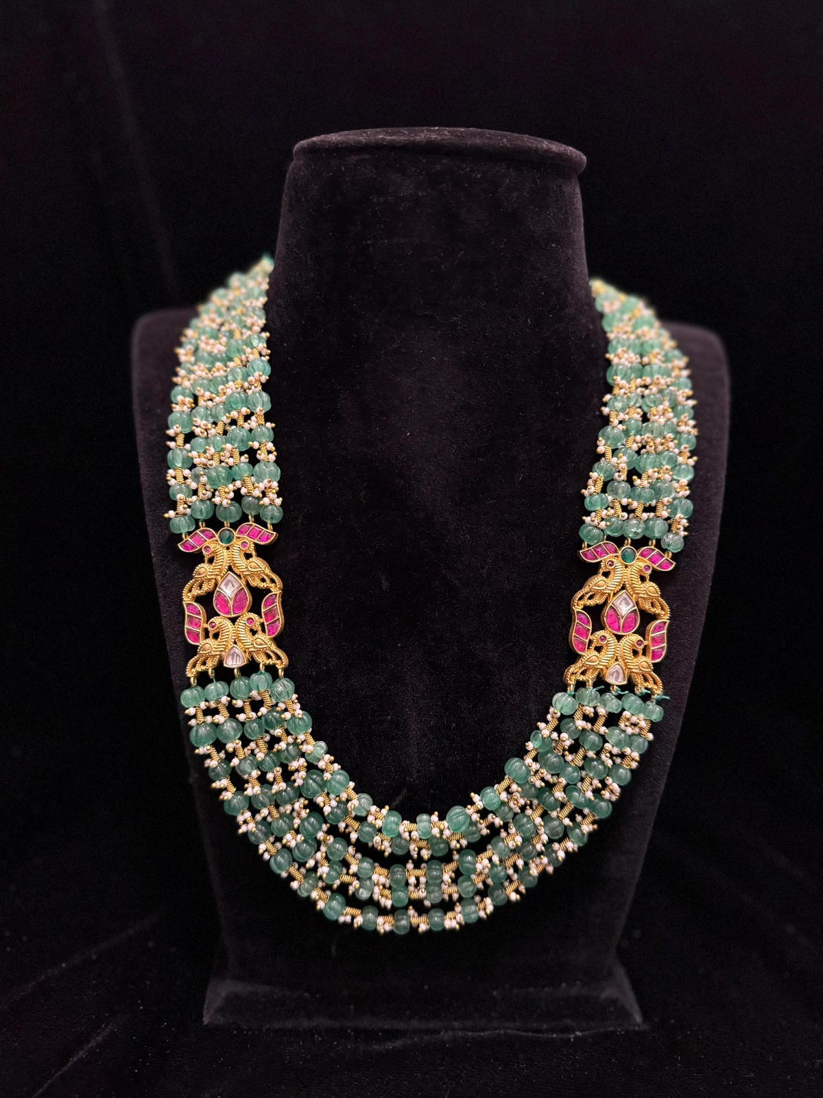 Gold Finish 5 Layer Green Beads Mala