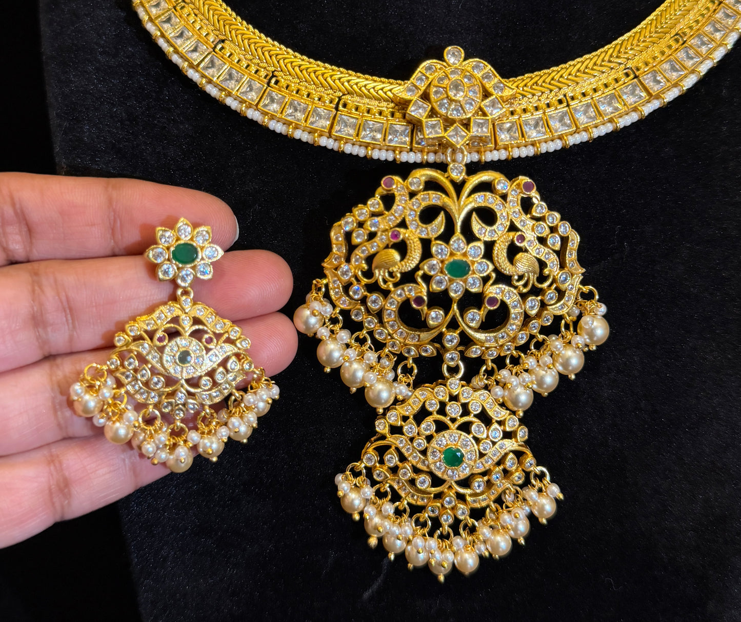 Premium Gold Finish Royal Kundan Bridal Jalebi Necklace Set with Emerald Stones & Pearl Drops