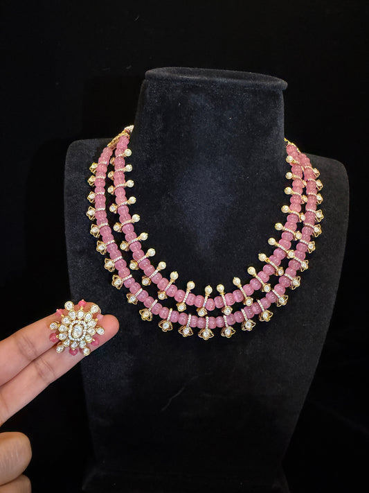 Elegant Pink Beaded Layered Necklace Set