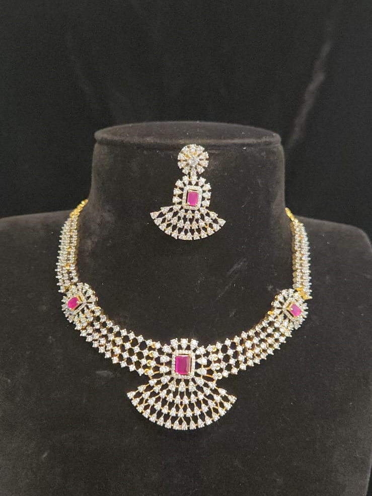 Diamond finish CZ neck set with Rubies