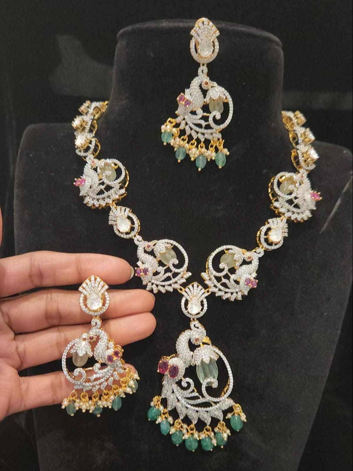 Diamond Finish Peacock & Pastel Green Beads Necklace Set