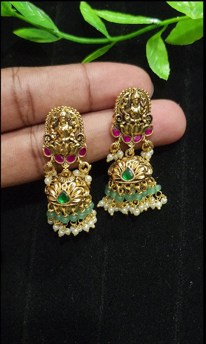 Antique Finish Kundan Lakshmi Jhumka with Green Bead & Pearl Drops