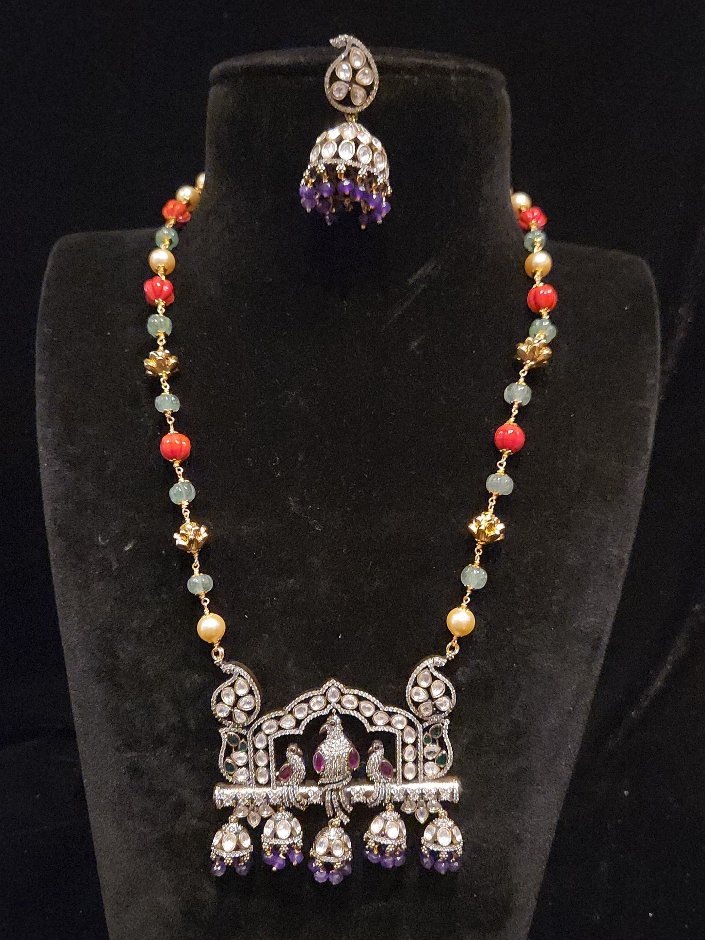 Parrot moissanite with Coral and Pearls beads Mala