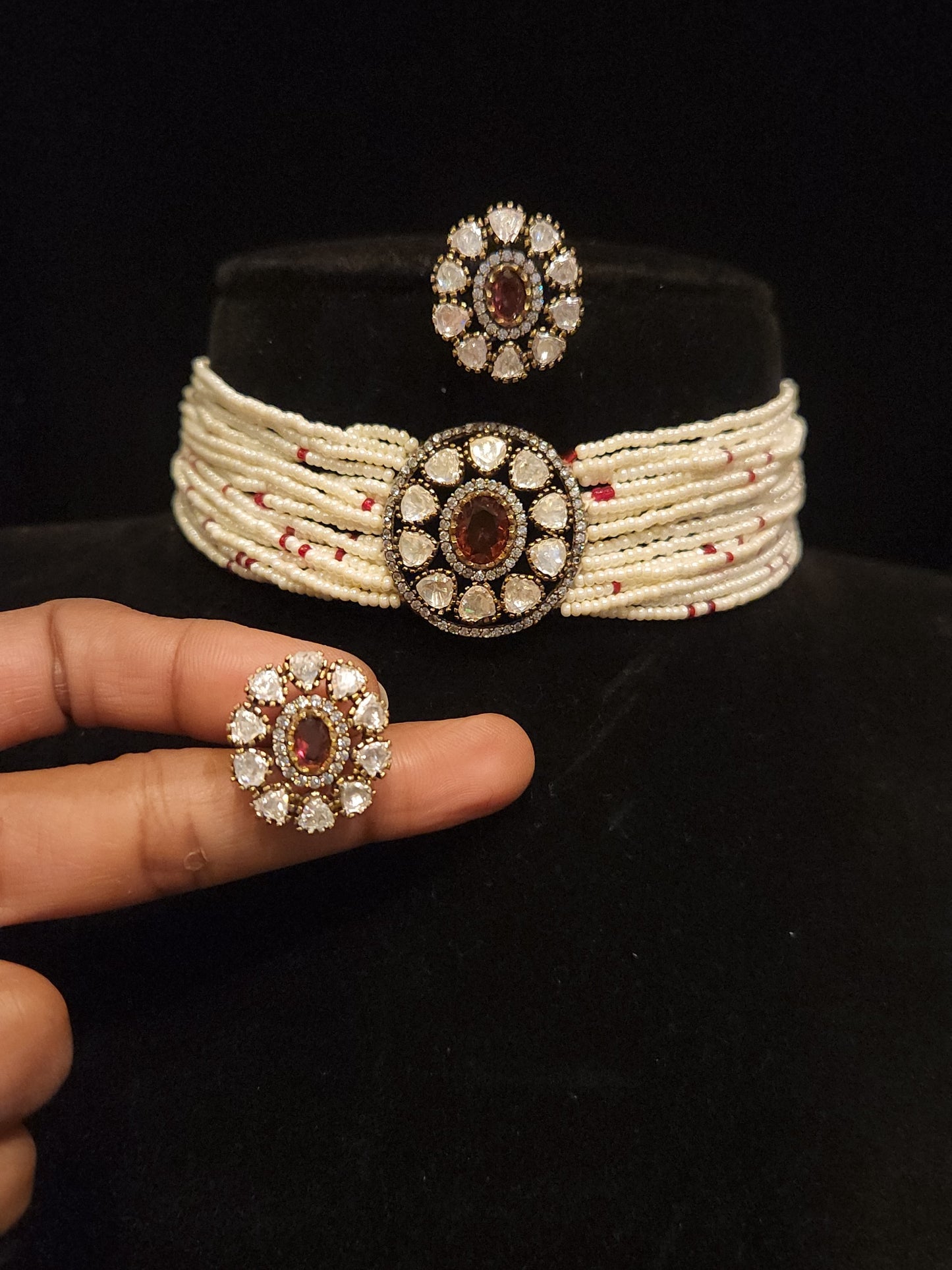 Moissanite chokar with pearl sugar beads