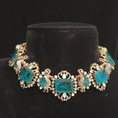 92.5 Silver Emerald Peacock Necklace Set